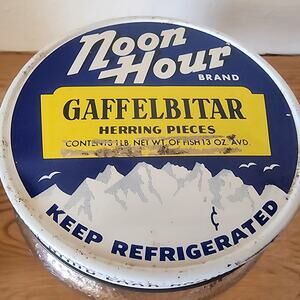 Vtg Noon Hour Gaffelbitar Herring Pieces 1 LB Empty Barrel Glass Jar 5" See Pic